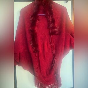 Women’s Red Shawl Wrap Poncho Stylish Cape Faux Fur